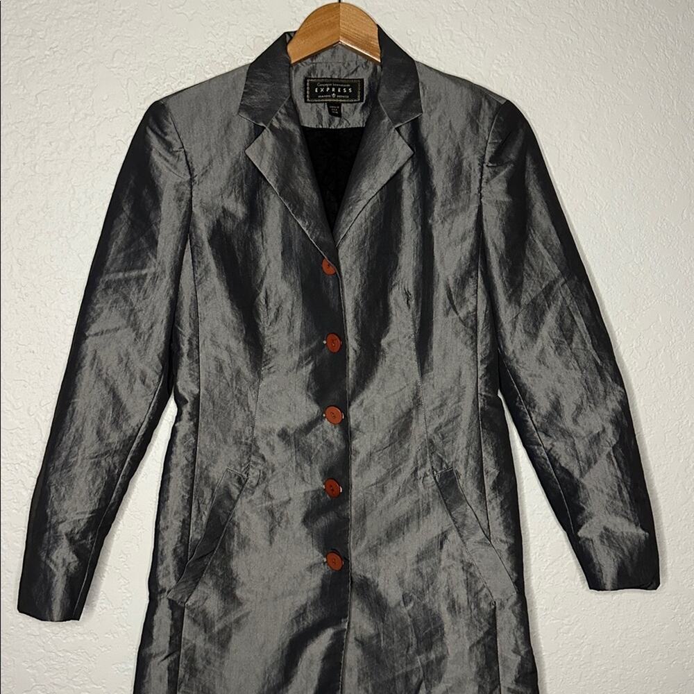 Vintage Express Silver Trench Coat Pockets Nylon Shimmer Y2K Glam Small - Picture 8 of 10